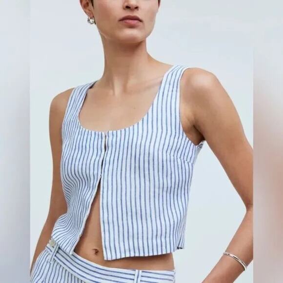 MADEWELL | Scoopneck 100% Linen Crop Tank Bluestone Size 2 - Picture 1 of 7